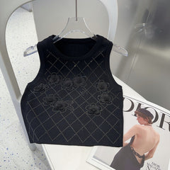 TANK TOP 633205 IN BLACK COTTON RIBBED KNIT EMBOSSED FLORAL