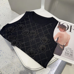 TANK TOP 633205 IN BLACK COTTON RIBBED KNIT EMBOSSED FLORAL