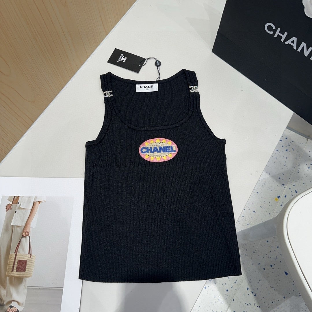 CAMISOLE 639170 IN BLACK COTTON RIBBED KNIT EMBOSSED LOGO ON STRAPS