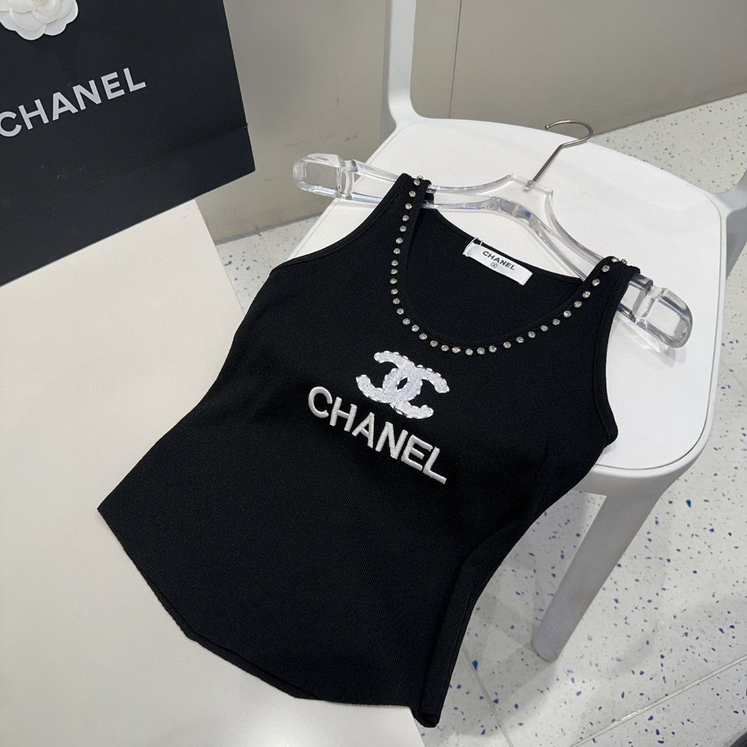 TANK TOP 640623 IN BLACK COTTON CRYSTAL ON TRIM