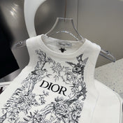 KNITTED TANK TOP 643231 IN WHITE COTTON JERSEY BLACK BIRD AND FLORAL PATTERN