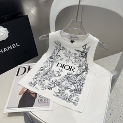 KNITTED TANK TOP 643231 IN WHITE COTTON JERSEY BLACK BIRD AND FLORAL PATTERN