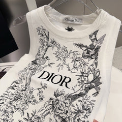 KNITTED TANK TOP 643231 IN WHITE COTTON JERSEY BLACK BIRD AND FLORAL PATTERN