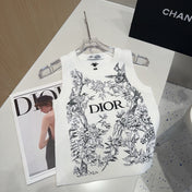 KNITTED TANK TOP 643231 IN WHITE COTTON JERSEY BLACK BIRD AND FLORAL PATTERN