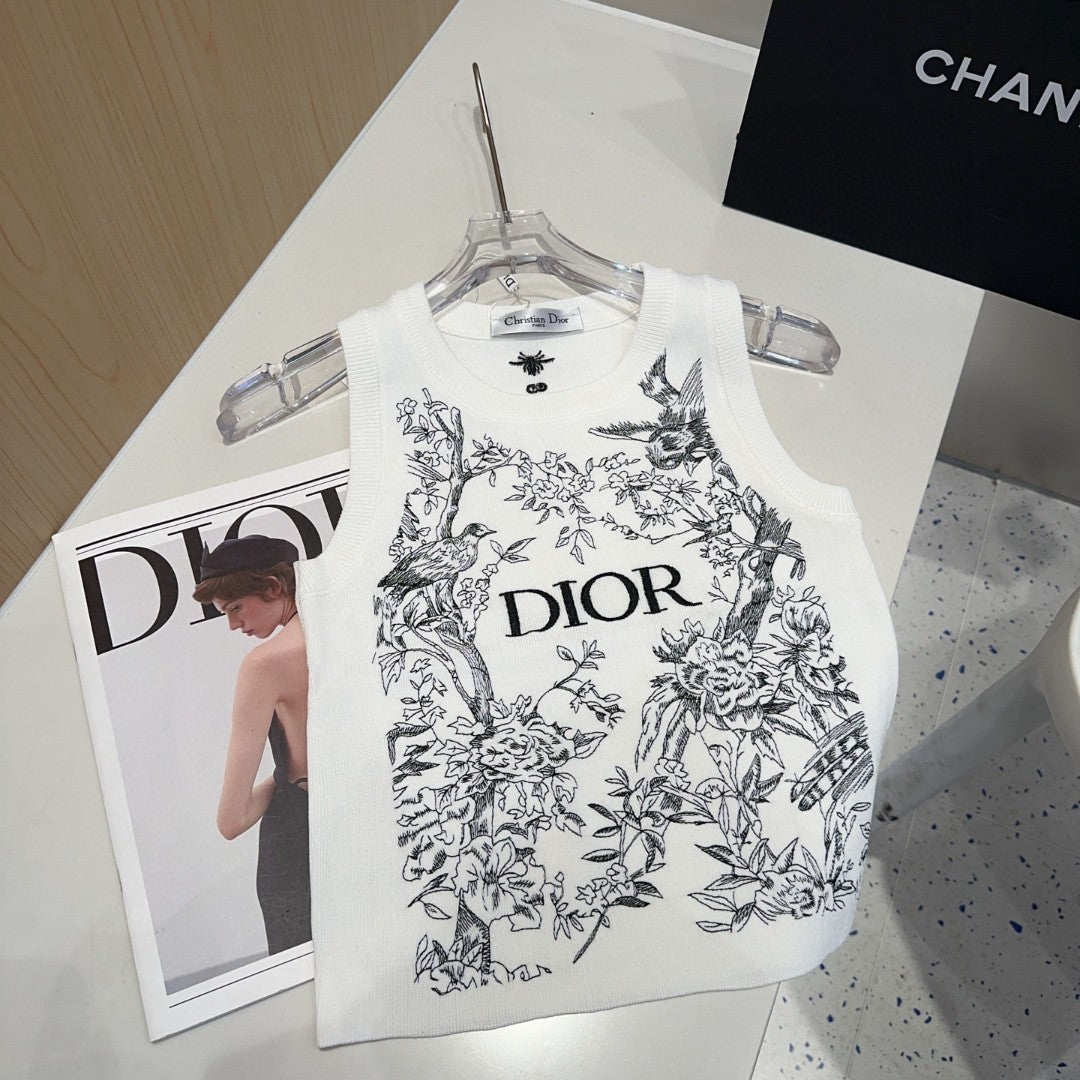 KNITTED TANK TOP 643231 IN WHITE COTTON JERSEY BLACK BIRD AND FLORAL PATTERN