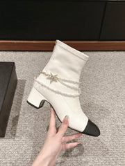 CC LOW CUT BOOTS IN WHITE STRETCH LAMBSKIN AND GROSGRAIN WITH PEARL CHAIN