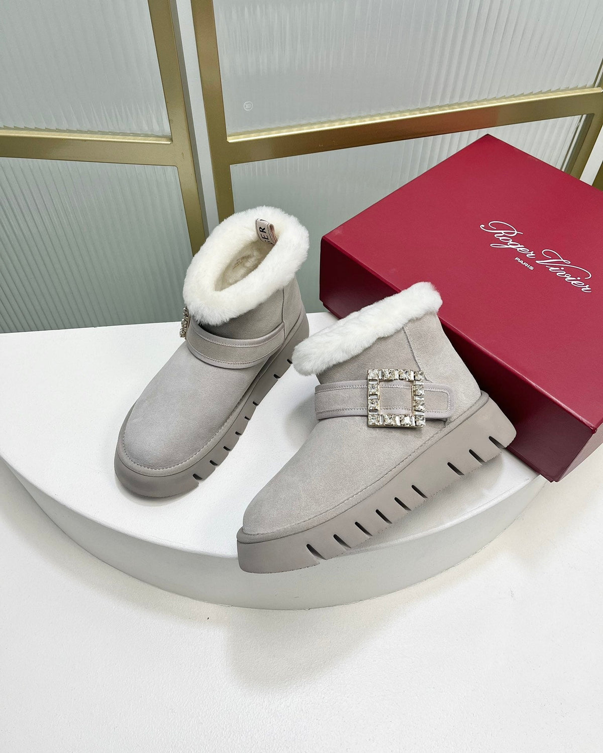 VIV’ WINTER FUR STRASS BUCKLE ANKLE BOOTS IN LIGHT GREY SUEDE