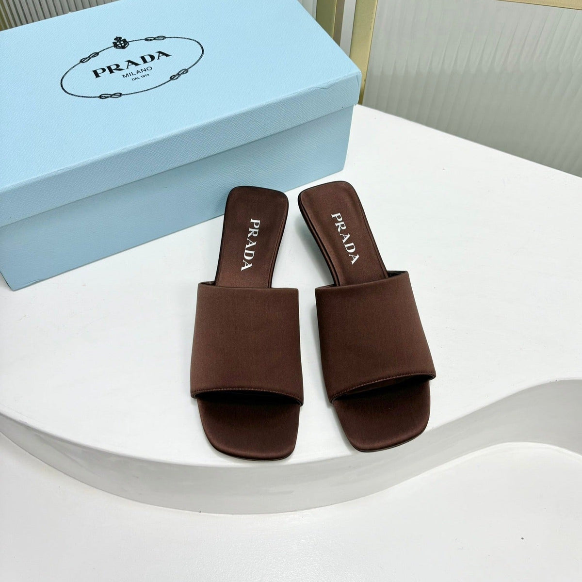 PRA TRIANGLE HEEL SATIN SLIPPERS BROWN