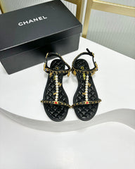 SANDALS PEARL CHAIN IN BLACK COWHIDE