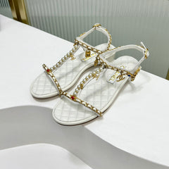 SANDALS PEARL CHAIN IN WHITE COWHIDE
