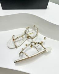 SANDALS PEARL CHAIN IN WHITE COWHIDE