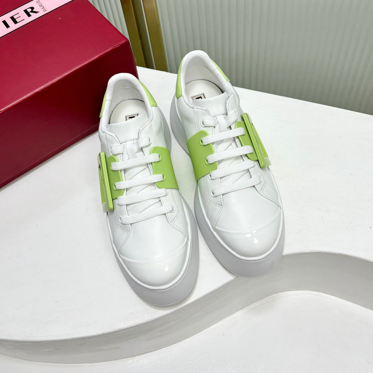 VIV' SKATE SNEAKERS IN WHITE CALFSKIN LIGHT NEON GREEN GLITTER STRAP AND CRYSTAL BUCKLE