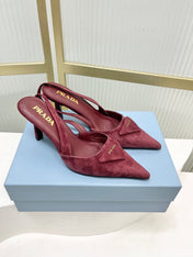 PRADA 26S SLINGBACK HIGH HEEL SANDALS 75MM IN DARK RED SUEDE WITH LOGO