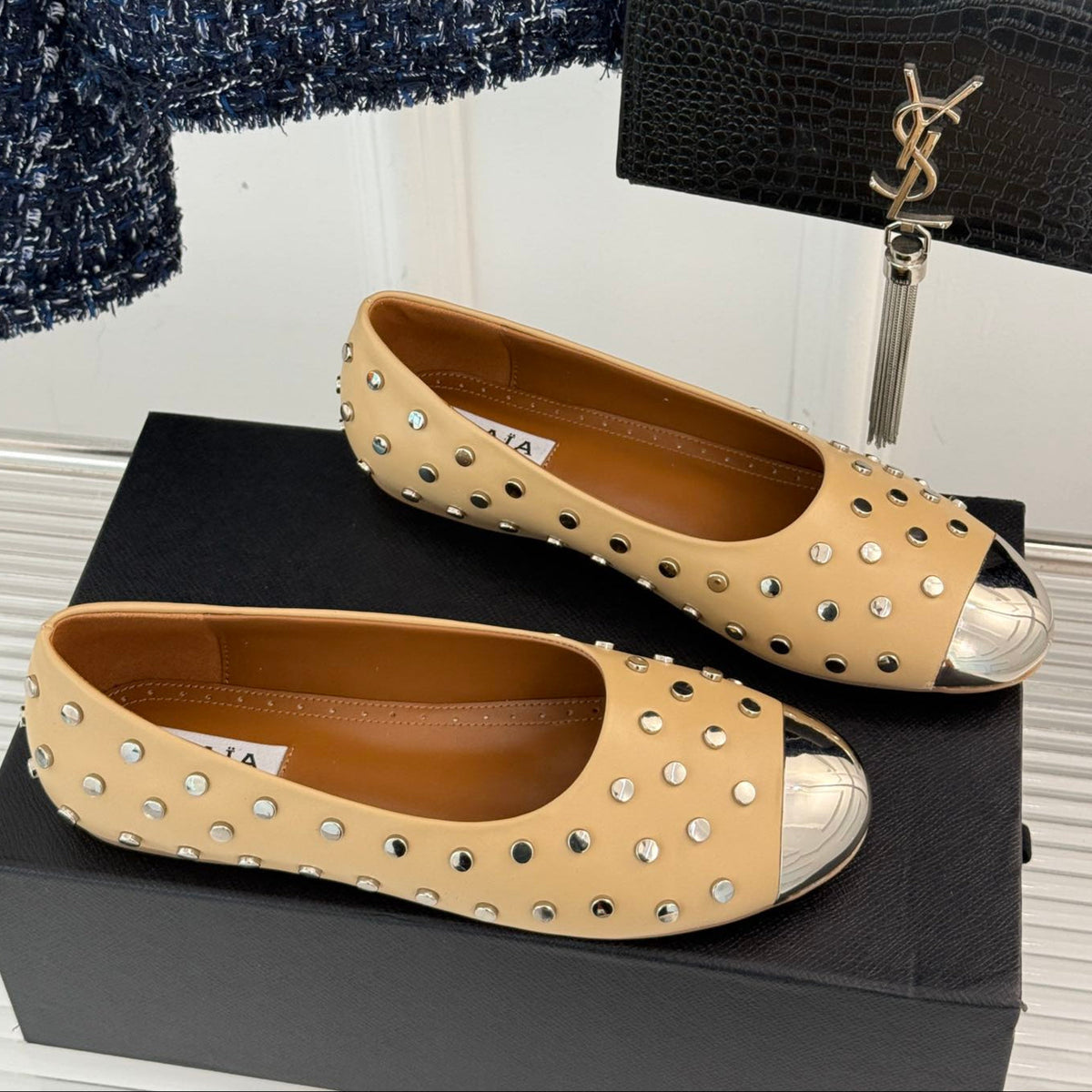 STUD-EMBELLISHED BALLET FLATS IN SEPIA TAN CALFSKIN