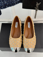 STUD-EMBELLISHED BALLET FLATS IN SEPIA TAN CALFSKIN
