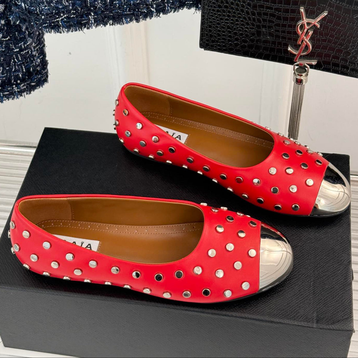 STUD-EMBELLISHED BALLET FLATS IN CHERRY RED CALFSKIN