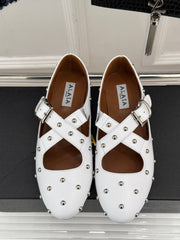 CROSSED STRAP BALLET FLATS IN WHITE CALFSKIN