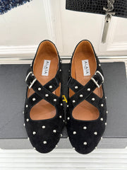 CROSSED STRAP BALLET FLATS IN BLACK SUEDE