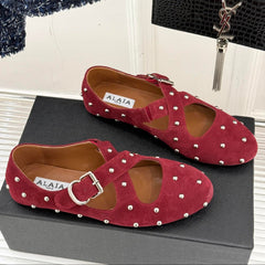 CROSSED STRAP BALLET FLATS IN BERRY RED SUEDE