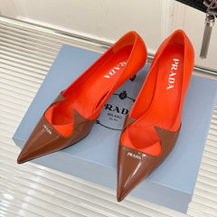 KITTEN HEEL PUMPS IN BROWN MIX ORANGE CALFSKIN