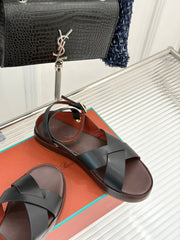 SANDALS THICK SOLE CROSS STRAP IN WHITE AND BROWN CALFSKIN