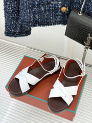 SANDALS THICK SOLE CROSS STRAP IN WHITE AND BROWN CALFSKIN