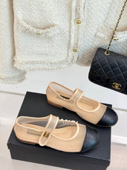 FLAT SHOES IN BEIGE MESH AND BLACK LAMBSKIN