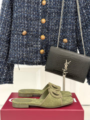 SLIDE SANDALS IN MOSS GREEN FABRIC EMBOSSED LOGO STYLE 2