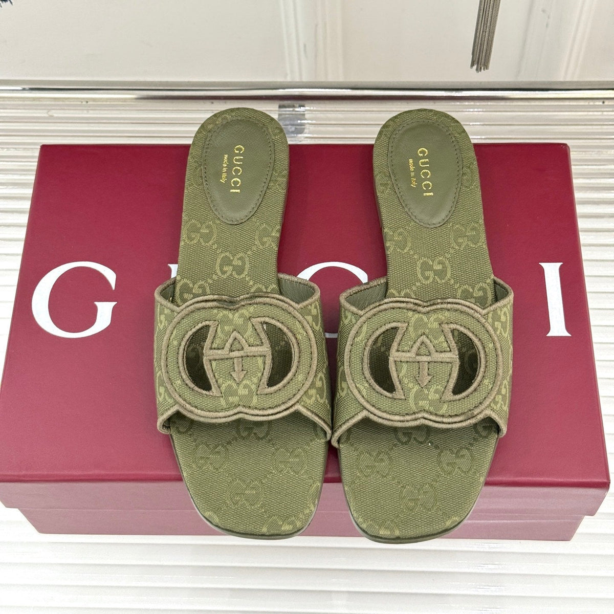 SLIDE SANDALS IN MOSS GREEN FABRIC EMBOSSED LOGO STYLE 2