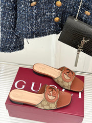 SLIDE SANDALS IN BURNT BROWN AND LIGHT BEIGE CALFSKIN