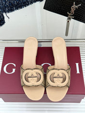 MID-HEEL MULE IN BEIGE CALFSKIN AND FABRIC