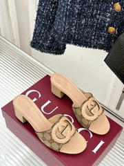 MID-HEEL MULE IN BEIGE CALFSKIN AND FABRIC