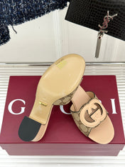 MID-HEEL MULE IN BEIGE CALFSKIN AND FABRIC