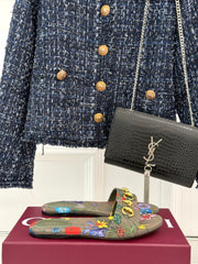 SLIDE SANDALS IN WARM BEIGE FABRIC FLORAL AND LEAF PRINT