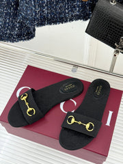 SLIDE SANDALS IN BLACK FABRIC EMBOSSED LOGO