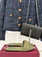 SLIDE SANDALS IN MOSS GREEN FABRIC EMBOSSED LOGO