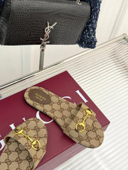 SLIDE SANDALS IN DARK BEIGE FABRIC EMBOSSED LOGO