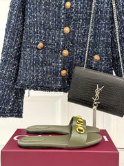 SLIDE SANDALS IN MOSS GREEN CALFSKIN WITH GOLD HARDWARE