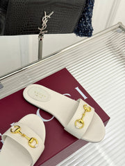 SLIDE SANDALS IN WHITE CALFSKIN WITH GOLD HARDWARE