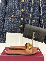 SLIDE SANDALS IN BROWN CALFSKIN WITH GOLD HARDWARE