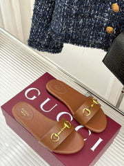 SLIDE SANDALS IN BROWN CALFSKIN WITH GOLD HARDWARE