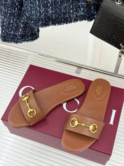 SLIDE SANDALS IN BROWN CALFSKIN WITH GOLD HARDWARE
