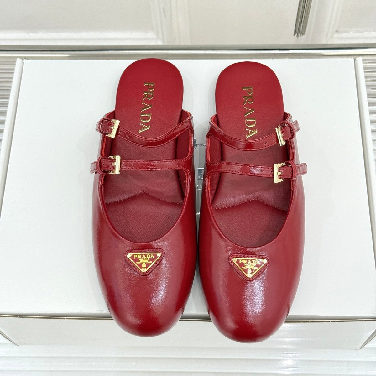 PRADA 25S DUAL MARY JANE BALLERINA MULES IN RED WINE CALFSKIN