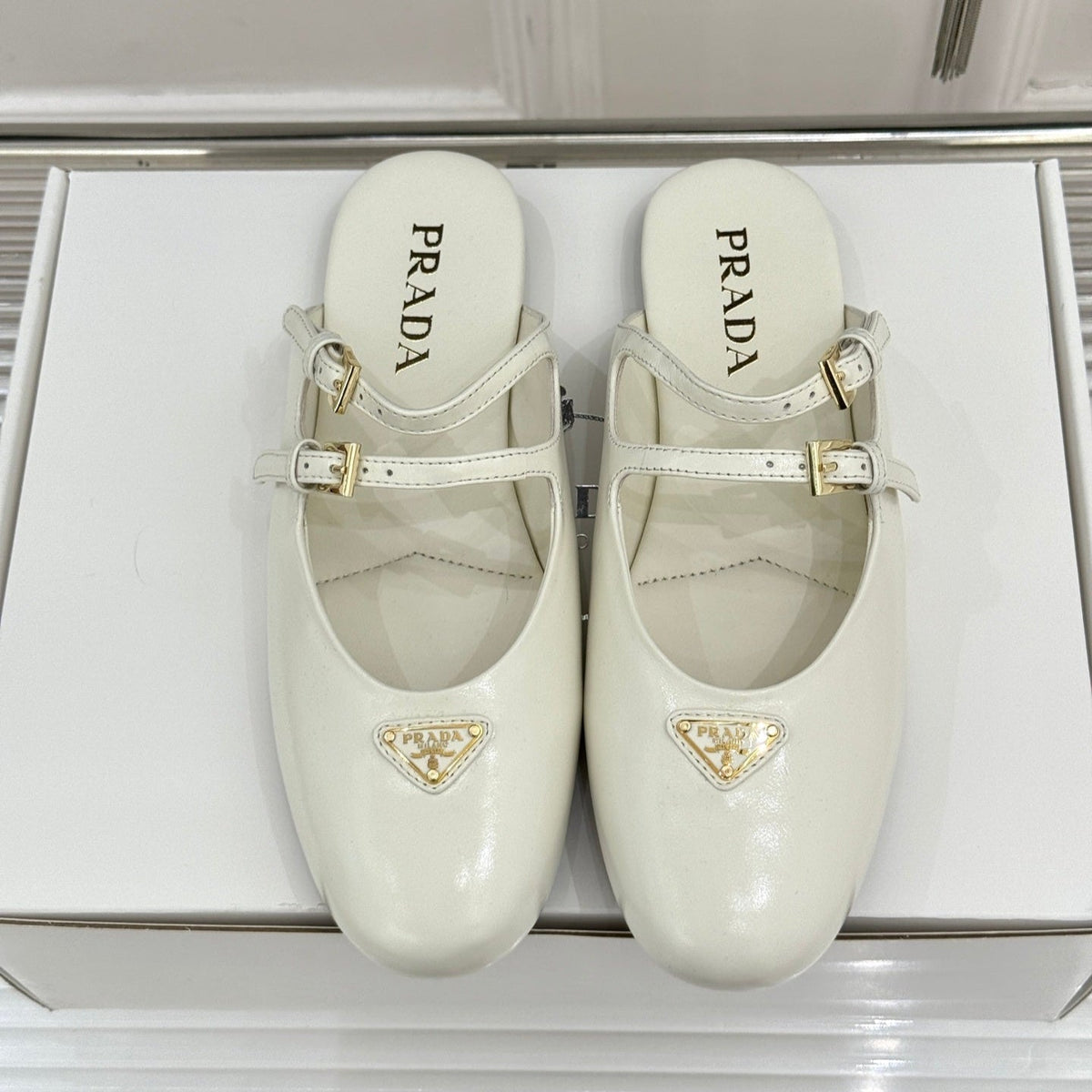 PRADA 25S DUAL MARY JANE BALLERINA MULES IN IVORY CALFSKIN