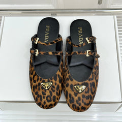 PRADA 25S DUAL MARY JANE BALLERINA MULES IN LEOPARD PRINT PONY HAIR