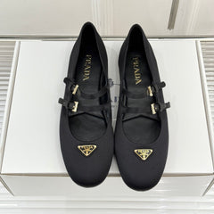 PRADA 25S DOUBLE STRAP BALLERINAS IN BLACK SATIN