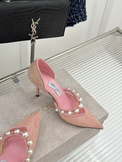 JIMMY CHOO 26S HIGH HEELS 85 MM IN LIGHT PINK LACE PEARL-EMBELLISHED