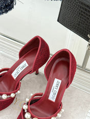 JIMMY CHOO 26S HIGH HEELS 85 MM IN DARK RED LACE PEARL-EMBELLISHED
