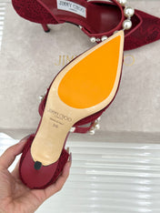 JIMMY CHOO 26S HIGH HEELS 85 MM IN DARK RED LACE PEARL-EMBELLISHED