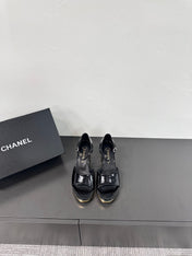 BLOCK HEEL SANDALS BLACK SHEEPSKIN
